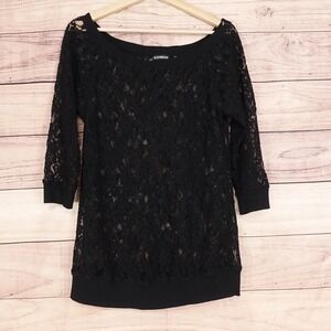 Express Blouse Womens S Black Boat Neck 3/4 Sleeve Lace Sheer Tunic Top